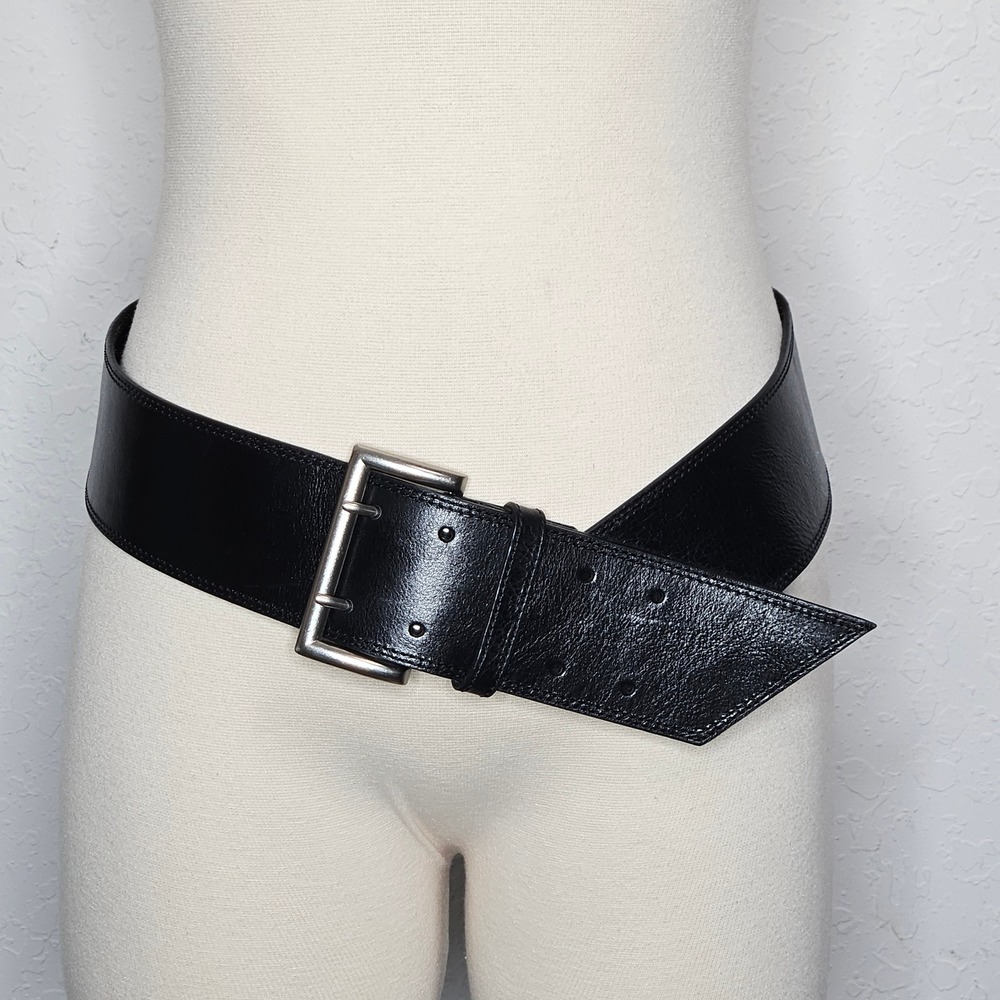 Fossil Womens Black Leather Wide Waist Belt Silver Double Prong Buckle Medium - Picture 5 of 6